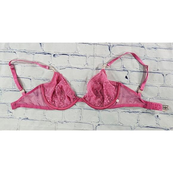 Victoria's Secret Hot Pink Unlined Demi Bra Floral Lace WOMENS 32DD - Picture 2 of 10